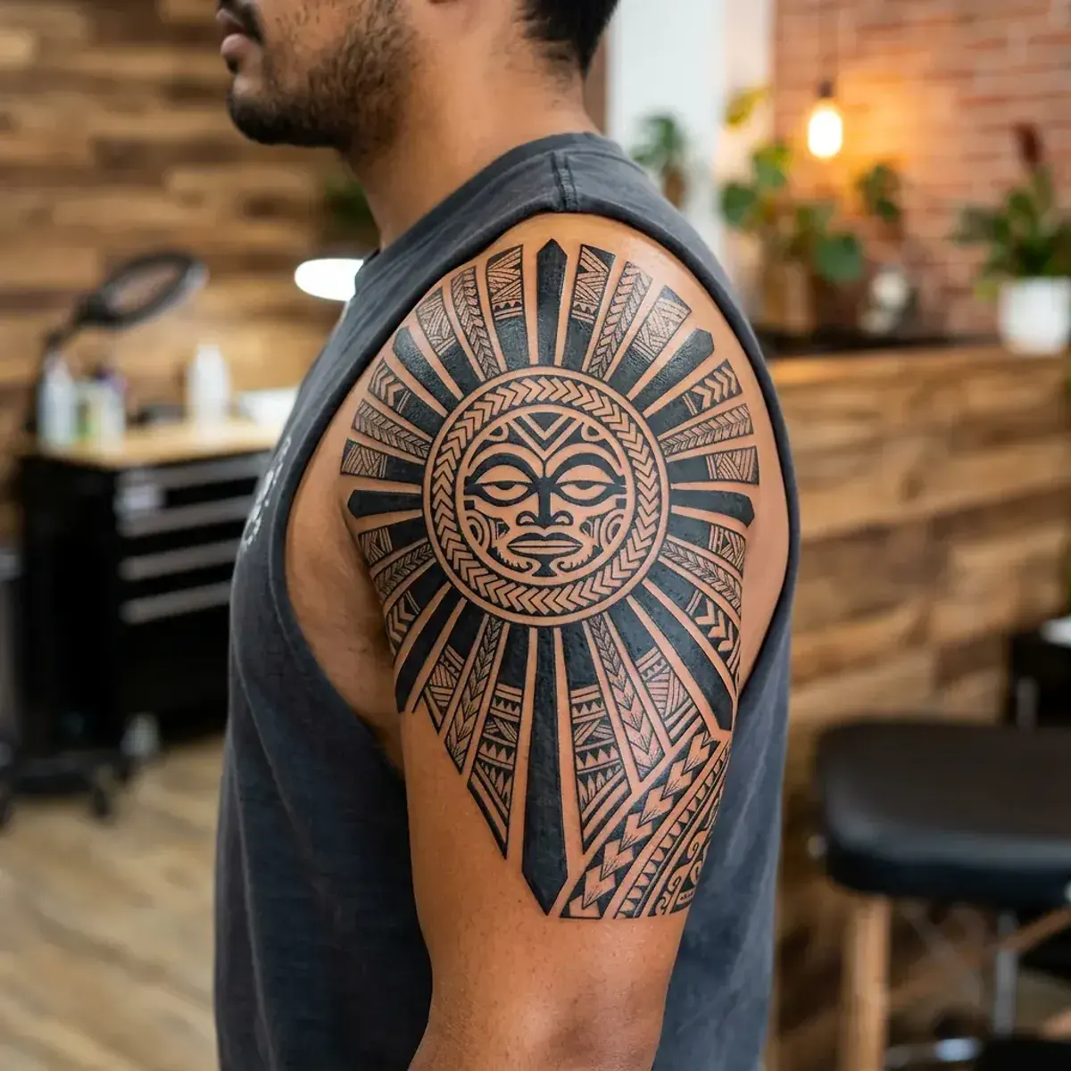 Bold Polynesian tribal sun tattoo on shoulder and upper arm