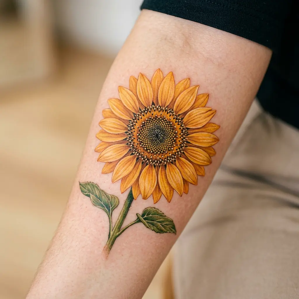 Realistic sunflower tattoo in vibrant yellows on the thigh