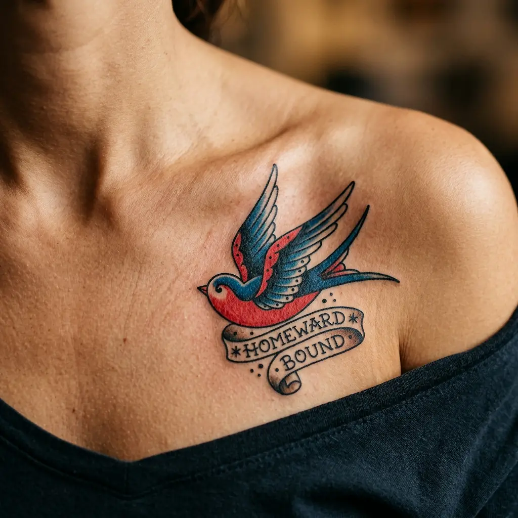 Old school swallow tattoo with vivid colors on the chest