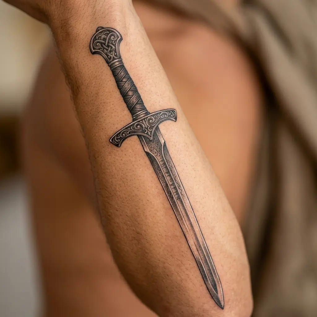 Detailed Japanese katana tattoo with ornate guard on forearm