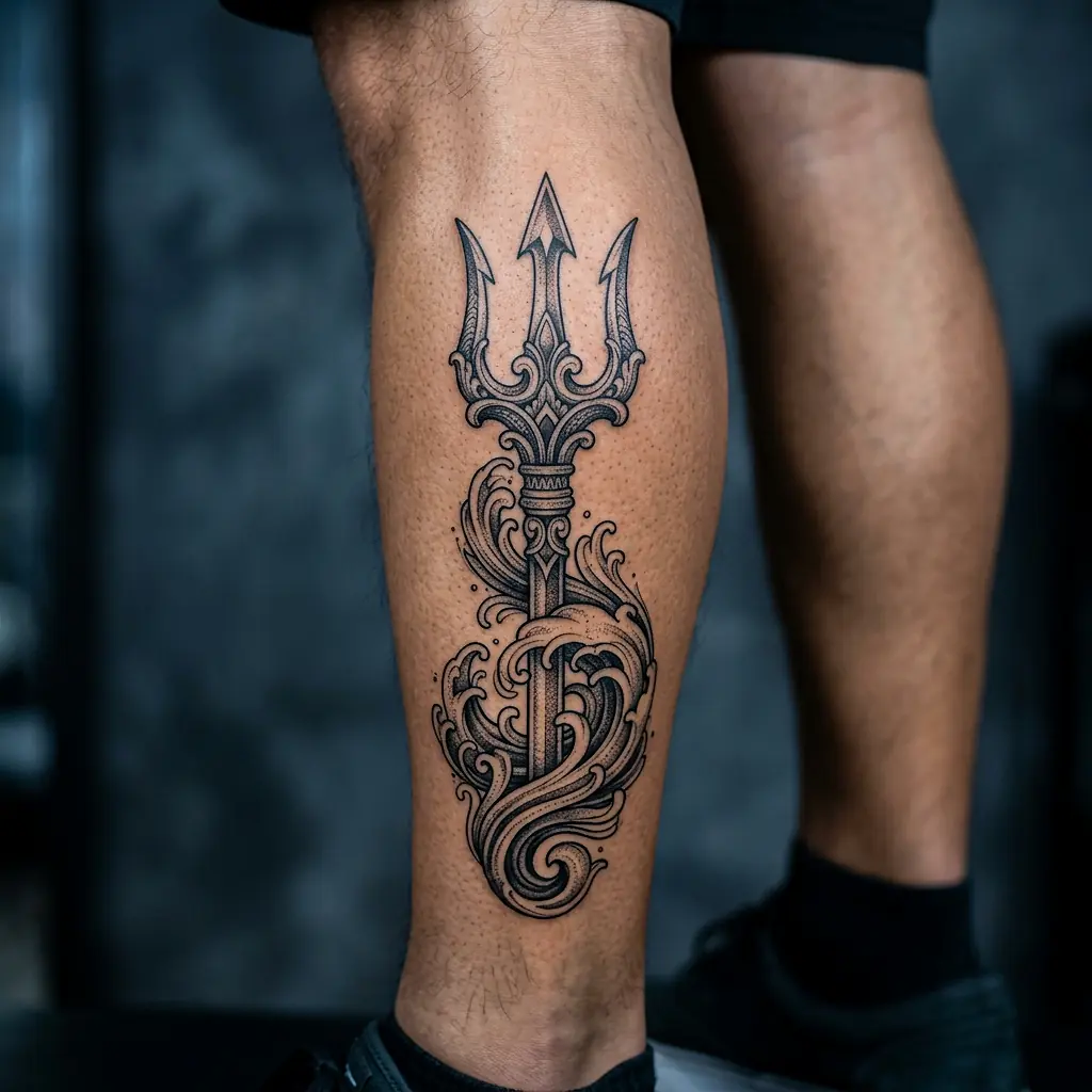 Poseidon's trident tattoo with ornamental details on forearm