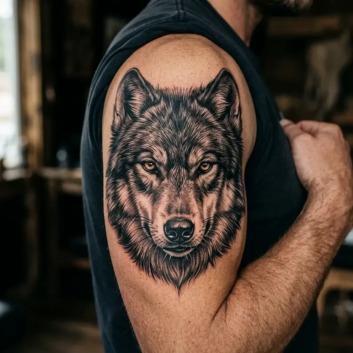 Black and grey wolf head tattoo with intense gaze on upper arm